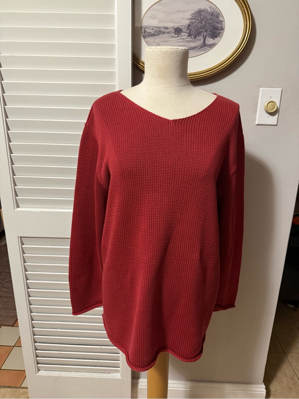 VTG 90s L.L. Bean Chunky 100% Cotton Roll Hem V-Neck Sweater Red M